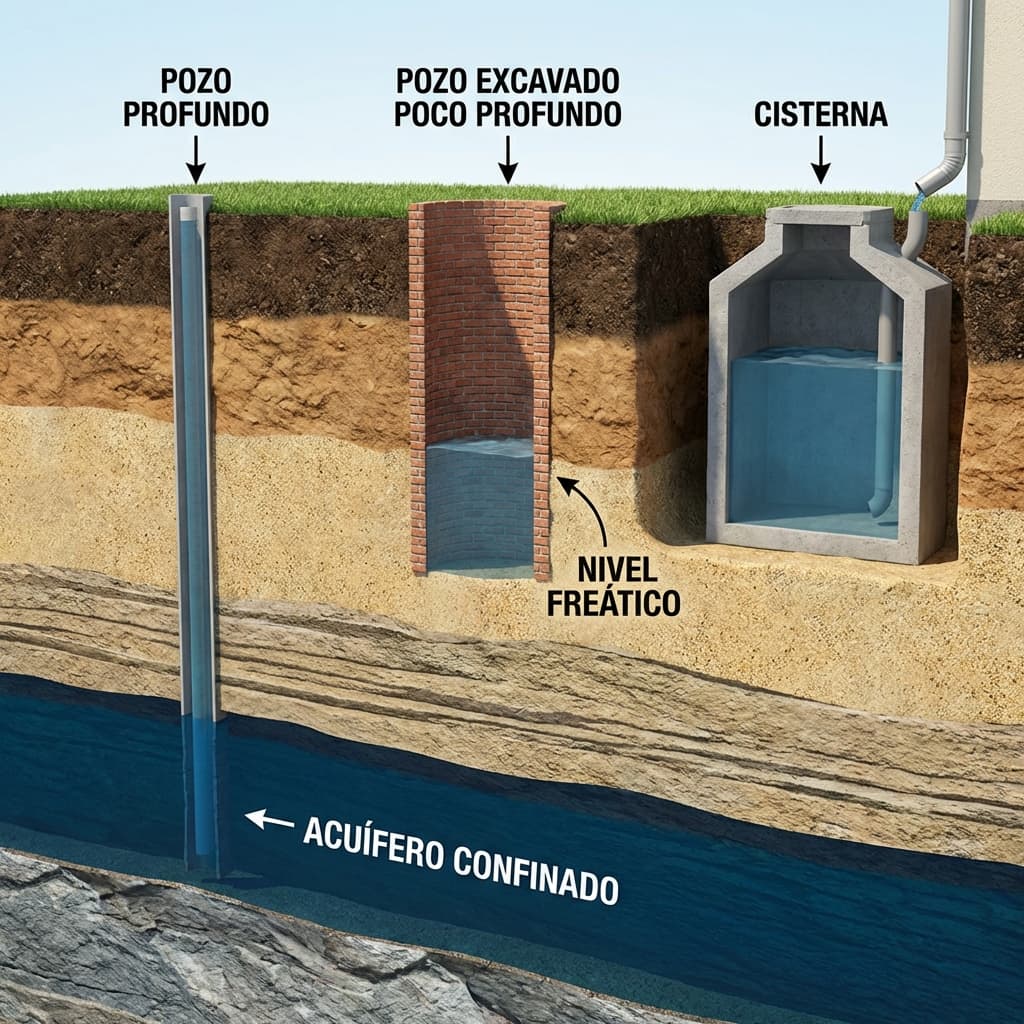 Comparativa visual de pozo profundo, noria y cisterna