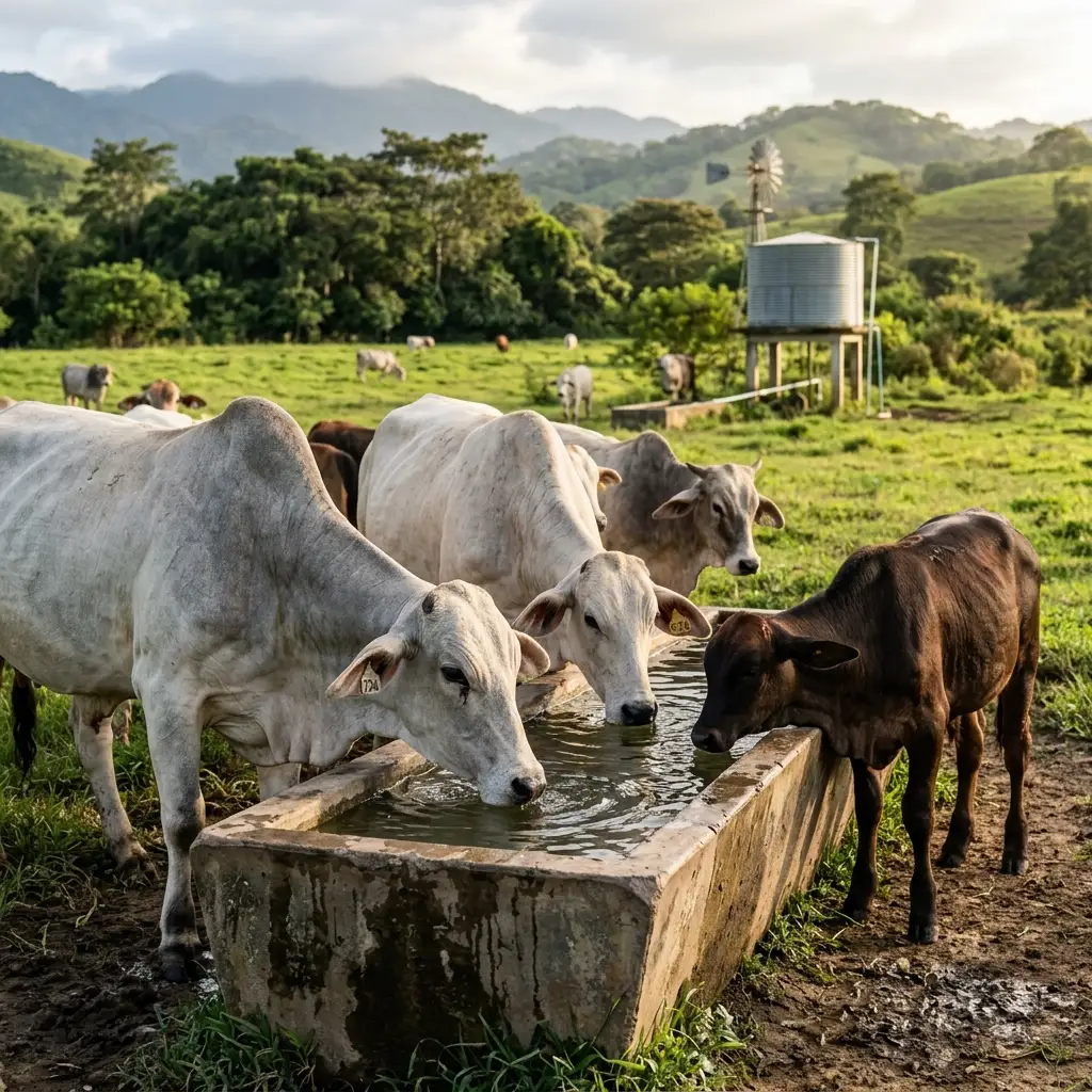Rancho ganadero en Chiapas con bebederos y noria de agua en temporada de estiaje