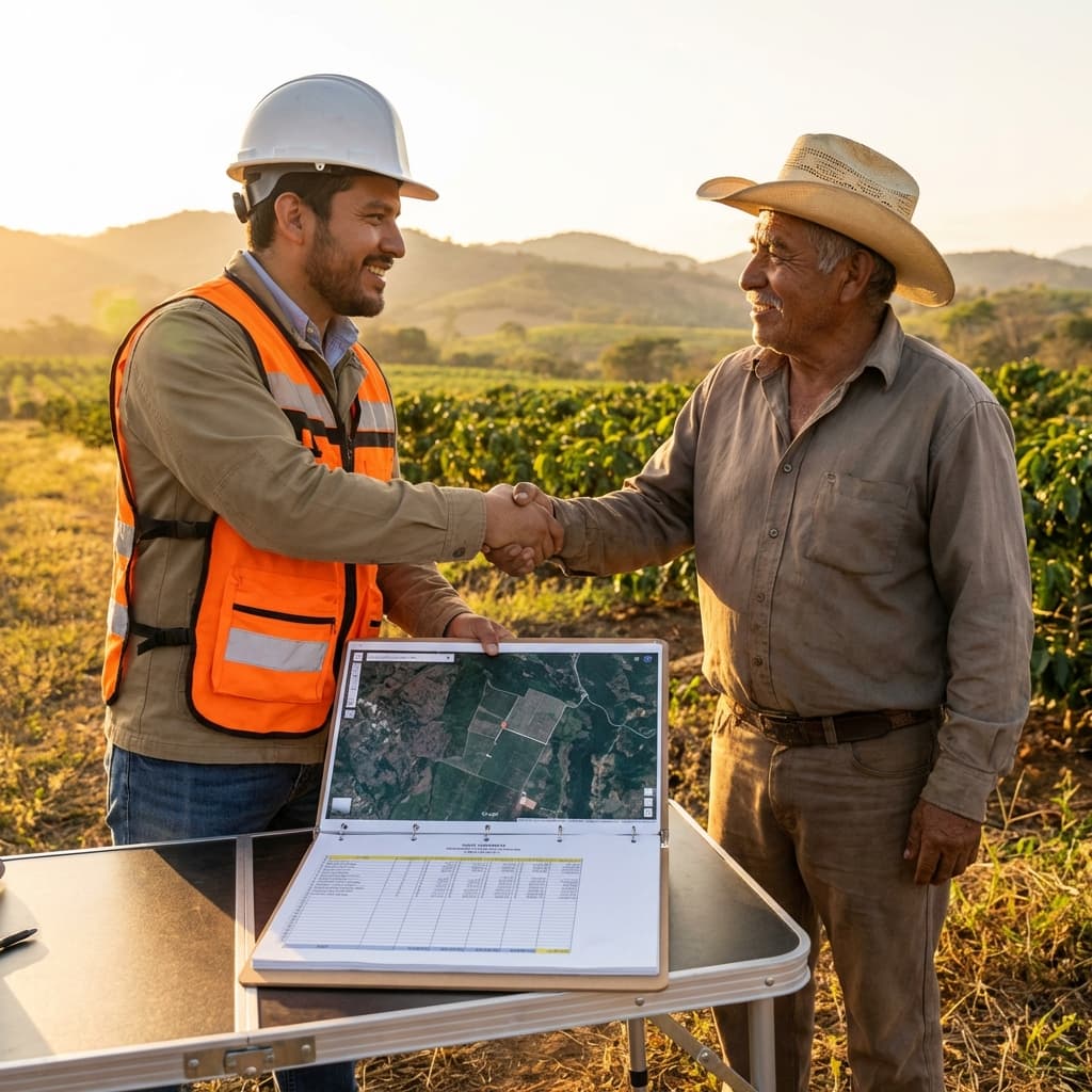 Ingeniero explicando costos y mapa a cliente en campo