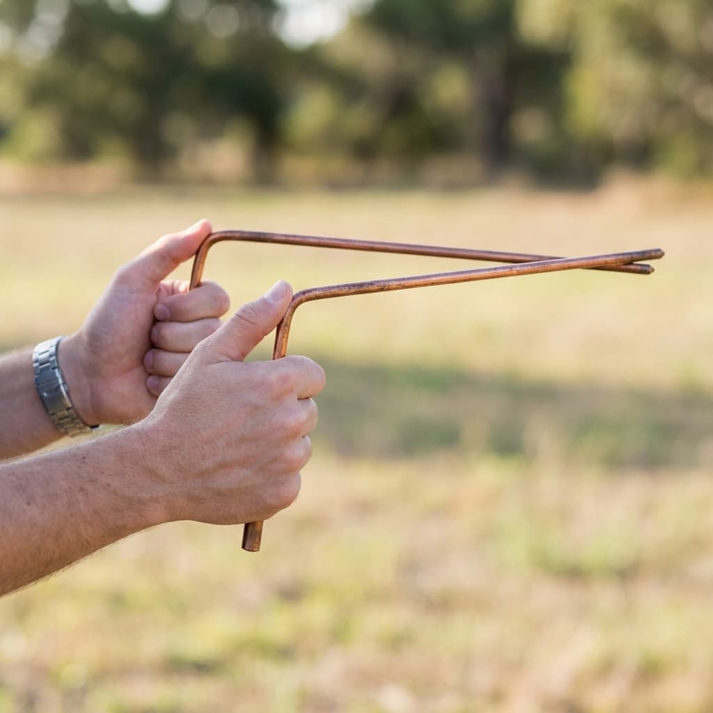 Primer plano de manos sosteniendo varillas de radiestesia con agarre correcto