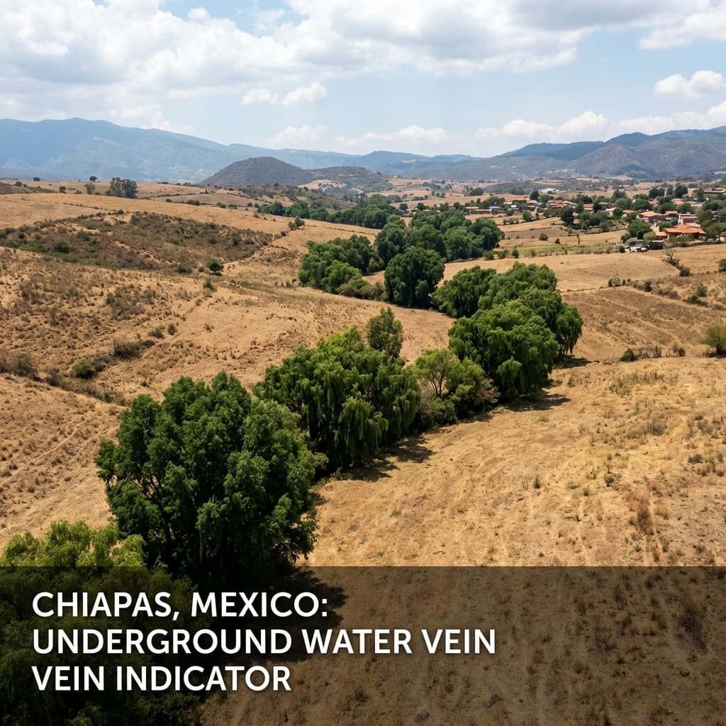Paisaje de Chiapas mostrando contraste entre terreno seco y vetas verdes de agua