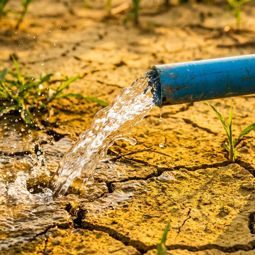 Pozo de agua con tubería y pileta en campo seco de Chiapas durante estiaje